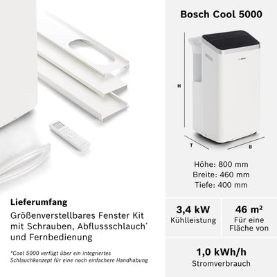 Bosch Cool 5000 mit Invertertechnologie Mobiles Klimagerät - 3-in-1: Klimagerät, Luftentfeuchter, Ventilator - 3,4 kW für Räume bis zu 46 m² - Mit Auto-Modus, Silent-Modus & Sleep-Modus