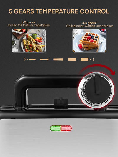 Sandwichmaker 1200W, Fohere 5-Gang-Temperaturregelung Waffeleisen Sandwichtoaster Kontaktgrill 3 in 1 mit Antihaftbeschichtung für einfache Reinigung ohne Anbrennen, LED-Leuchten