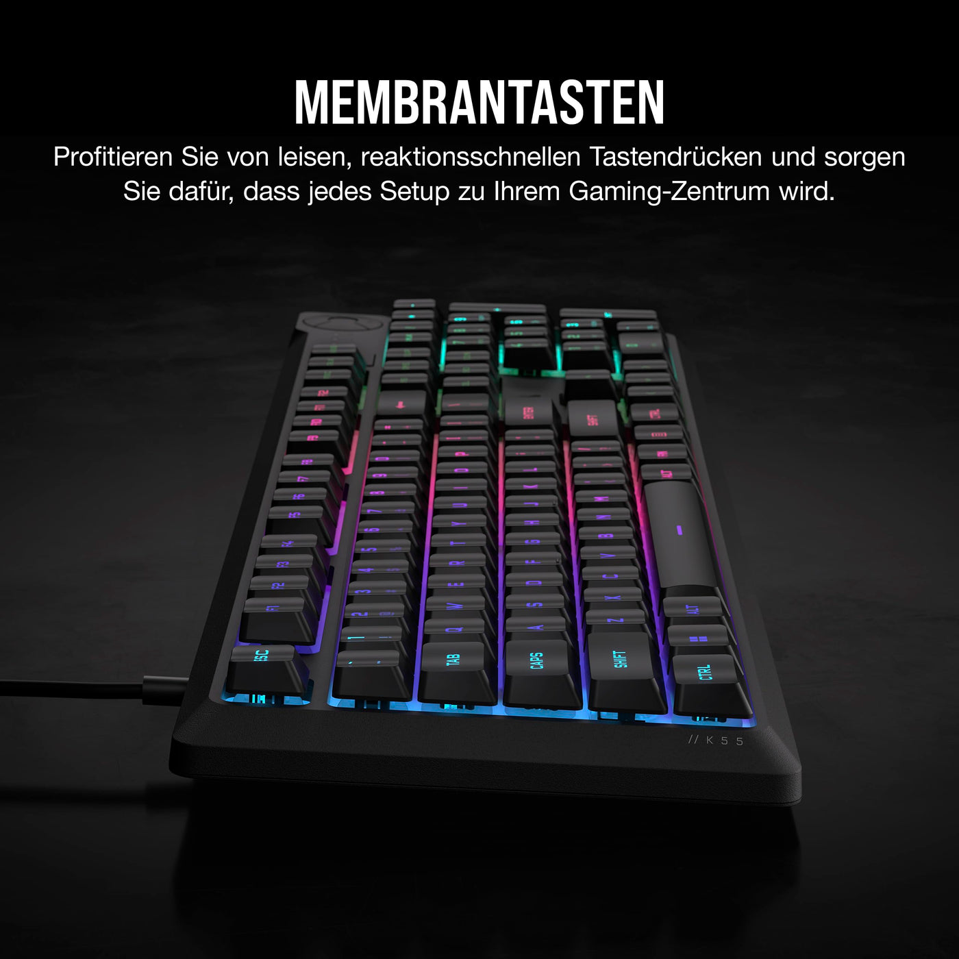 Corsair K55 CORE RGB Membran Kabelgebundene Gaming-Tastatur – Leise, Reaktionsschnelle Schalter – Spritzwasserschutz – Zehn-Zonen-RGB – Medientasten – iCUE-Kompatibel – QWERTZ DE – PC, Mac – Schwarz