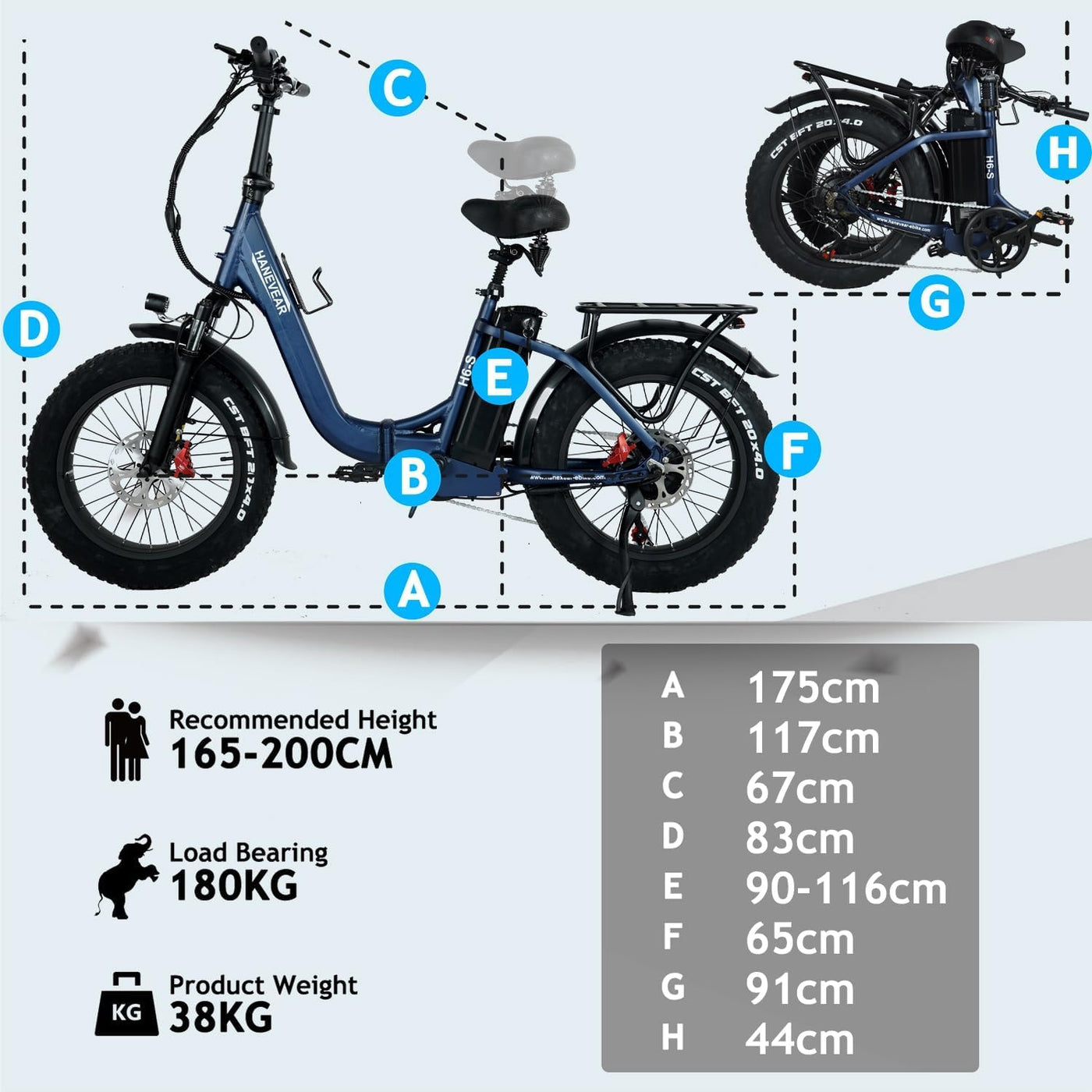 HANEVEAR H6-S Elektrofahrräder E Bike Klapprad, 24Ah 140km+ Battery, E Fatbike 20x4'' All-Terrain Fat Tire, 250W Motor 25km/H, E Bike Damen Herren 180kg Payload, 168-195CM (Gold+Blau)