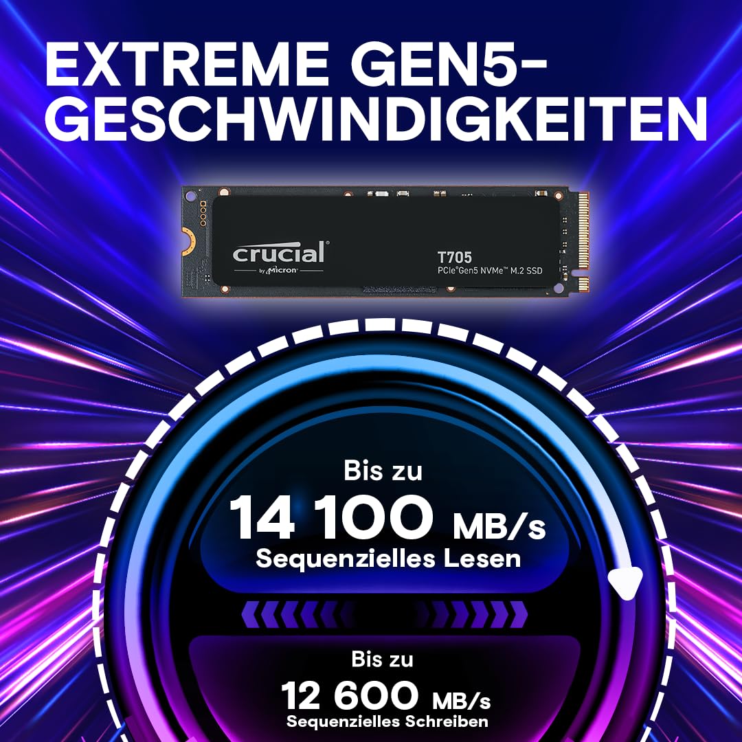 Crucial T705 4TB SSD PCIe Gen5 NVMe M.2 Interne SSD, bis zu 14.100MB/s, Microsoft DirectStorage, PCIe 4.0 abwärtskompatibel, Solid State Drive - CT4000T705SSD3