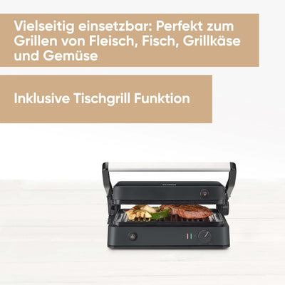 SEVERIN SEVINI Lite, Kontaktgrill für Fleisch, Fisch & Gemüse, Keramikbeschichteter Sandwich-Maker für fettfreies Grillen, Indoor-Grill bis zu 220°C Hitze, 1.800 W, schwarz, KG 2398