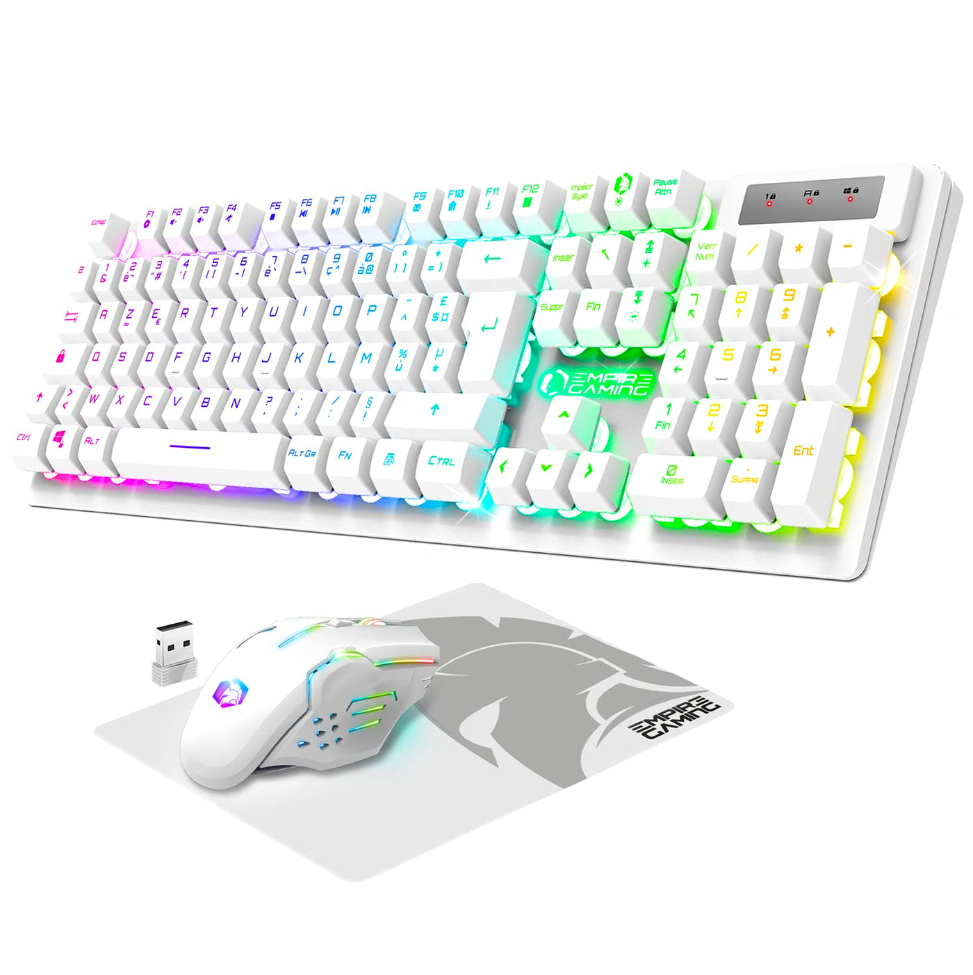 Empire Gaming - Armor RF800 Pack Clavier Souris Gaming sans Fil AZERTY (Français-Layout) RGB Avec Tapis de Souris -Clavier 2.4G -Souris 4800 DPI -PC PS4 PS5 Xbox One/Series Mac - Blanc