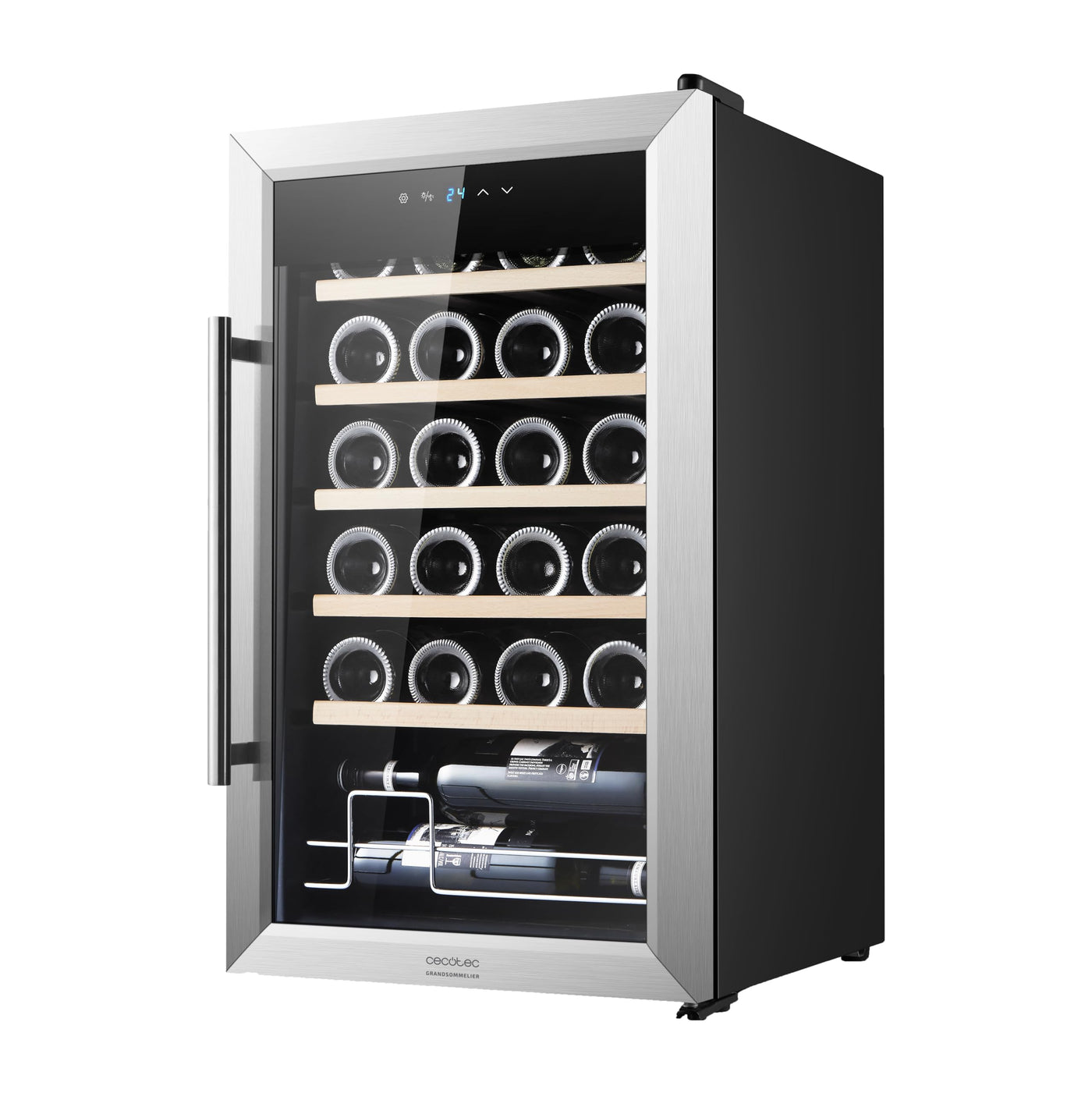 Cecotec Weinkühlschrank GrandSommelier 24000 Inox Compressor. 24 Flaschen mit Kompressor, der eine hohe Leistung garantiert. Einstellbare Temperatur und Touch-Bedienfeld