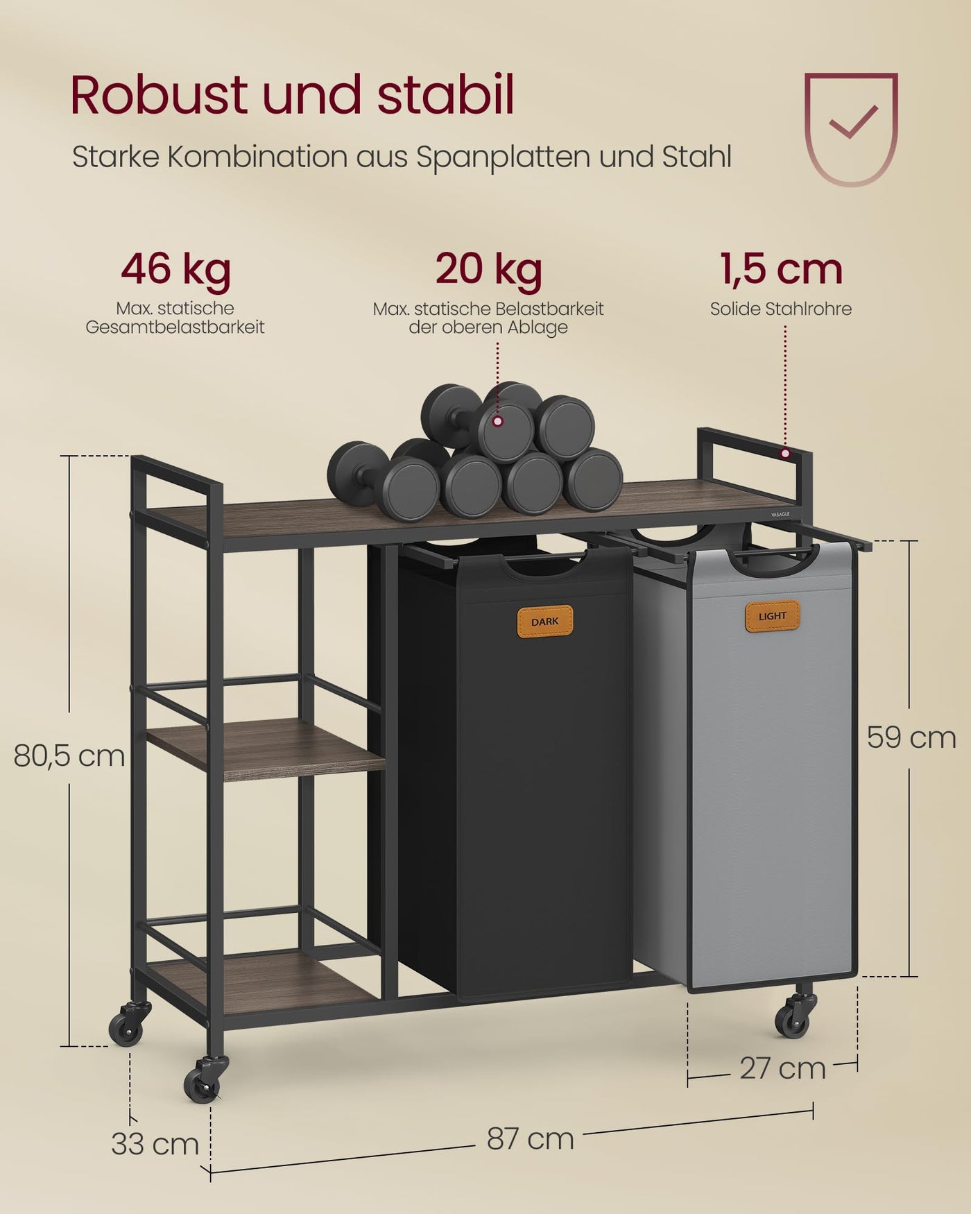 VASAGLE Wäschekorb 2 Fächer, Wäschesammler 100 L, Wäschesortierer, Rollen, Wäschewagen mit Ablagen, Wäschesack, mit abnehmbaren Taschen, 6 Etiketten, kastanienbraun-tintenschwarz-Taubengrau BLH311B02