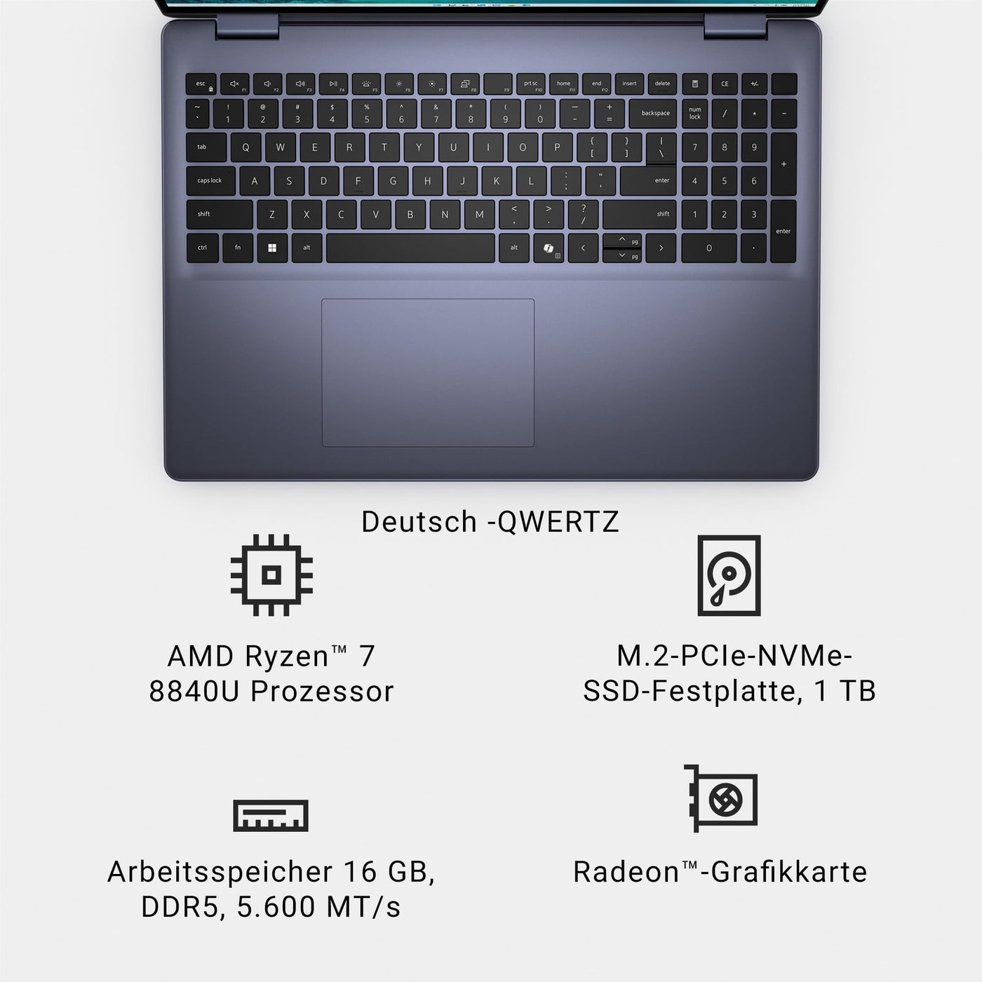 Dell Inspiron 16 5645 Laptop | 16" 16:10 FHD+ (1920 x 1200) Display | AMD Ryzen 7 8840U Prozessor | Radeon Graphics | 16 GB RAM | 1 TB RAM | Windows 11 Home | QWERTZ Tastatur