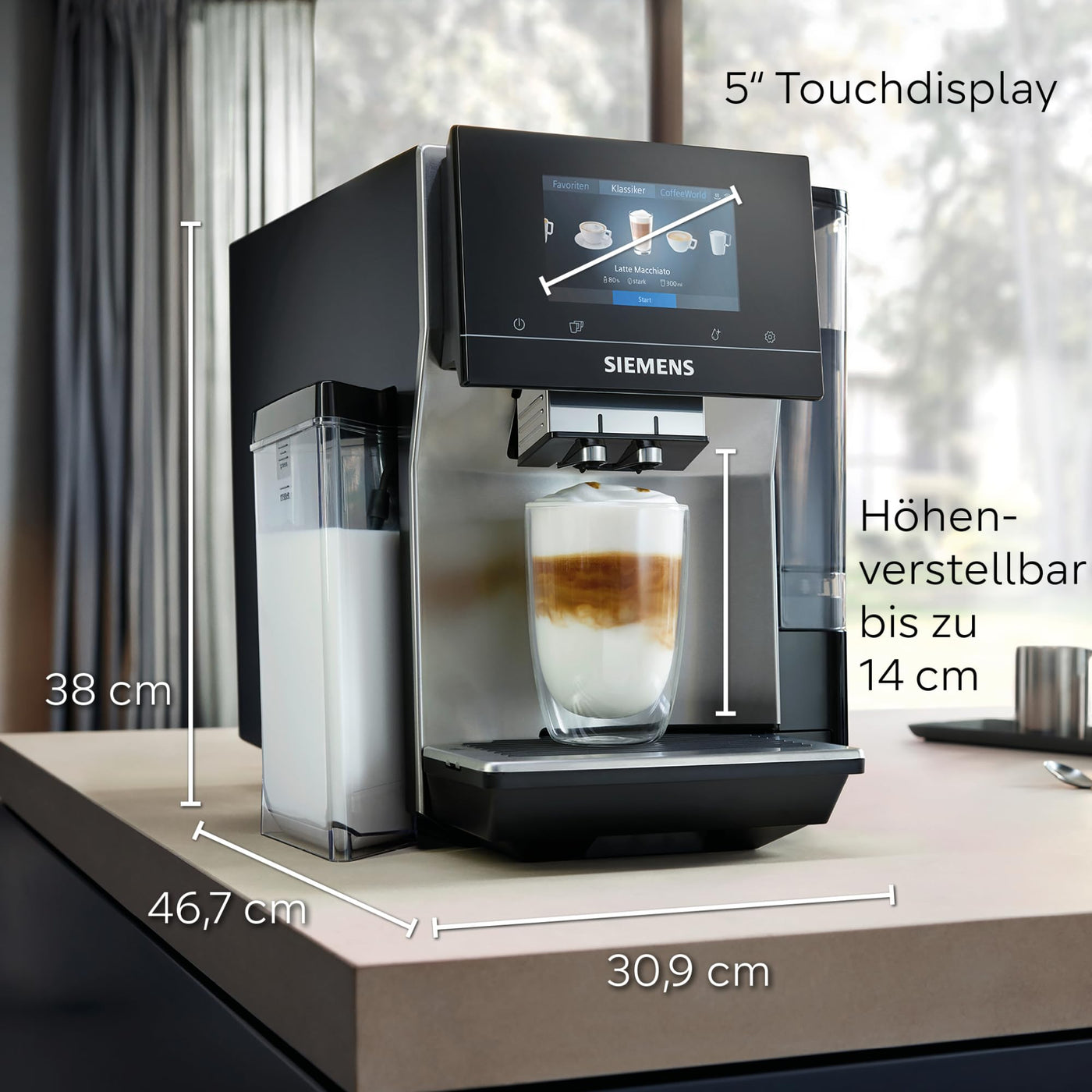 SIEMENS Kaffeevollautomat EQ700 integral TQ717D03, App-Steuerung, Cold Brew, intuitives Full-Touch-Display, bis zu 30 individ. Kaffeekreationen als Favoriten, autom. Dampfreinigung, 1500 W, edelstahl