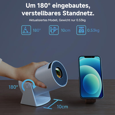 Polocsh Beamer, Mini Beamer mit WiFi6 und BT 5.2, Projektor Full HD 720P, Automatische Trapezkorrektur, 180-Grad-Winkel, 130-Zoll Projector mit Android OS 11.0 für Phone/PC/PS5/Xbox, Weiß