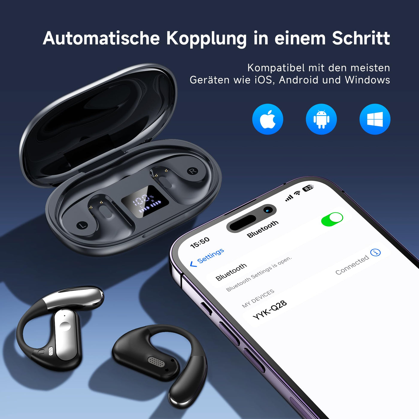 EUQQ Bluetooth Kopfhörer Sport, Open Ear Kabellos Kopfhörer Bluetooth 5.4 mit Ohrhaken, 40 Stunde Spielzeit mit LED-Anzeige, HiFi Stereo Ohrhörer mit HD Mic, Touch Control, IP7 Wasserdicht Ohrhörer