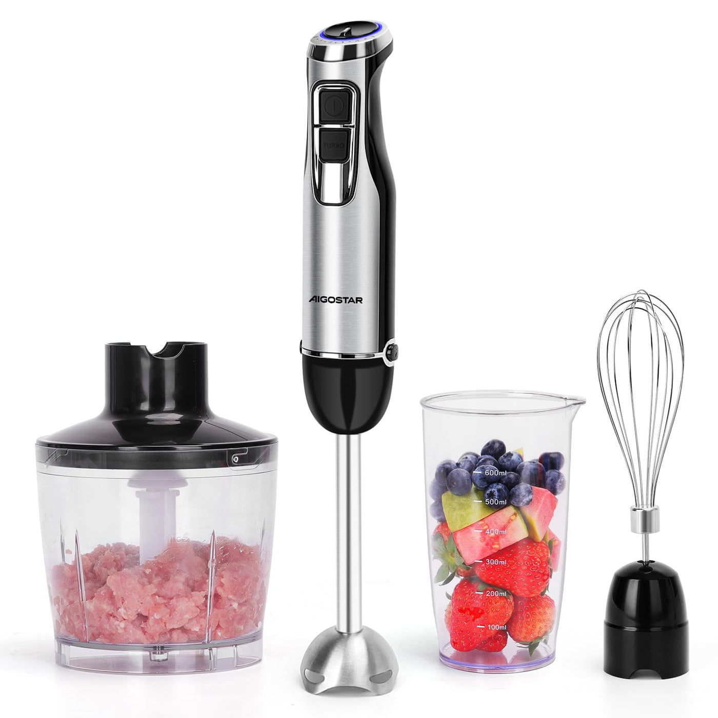 Aigostar Buckle - Stabmixer Set 4 in 1, Pürierstab Edelstahl 1000 W, Rührstab mit 6 Geschwindigkeiten, Zauberstab Mixer mit 600ml Messbecher, 500ml Lebensmittelhacker, 1 Schneebesen.