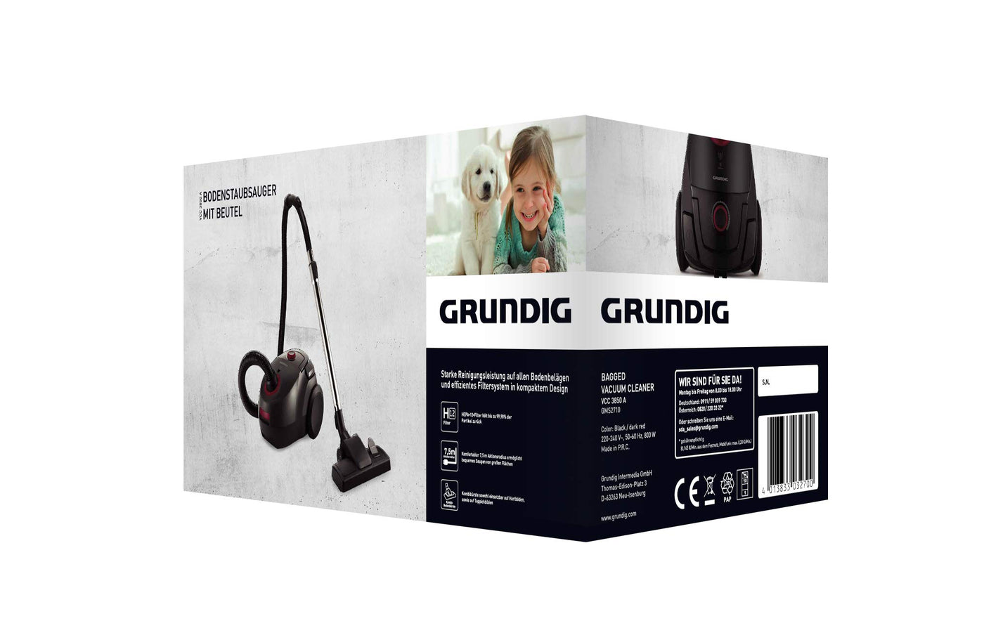 Grundig, VCC 3850 A Bodenstaubsauger mit Beutel, 800W, 2,1 L, Schwarz/Rot