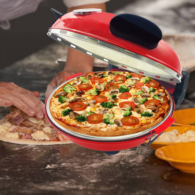 Klaif Elektrischer Pizzabäcker, 420 ℃, 1200 Watt, 5 separate Temperaturstufen, flammenbeständige Steinplatte 1200W 31 cm, rot