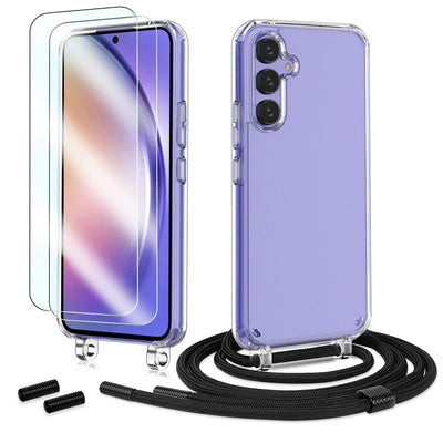 Anshow Handykette für Samsung Galaxy A55 Hülle mit Band + 1 Schutzfolie, Robust Necklace Extrem Stoßfest Handyhülle Samsung A55 Case Transparent Schutzhülle zum Umhängeband Abnehmbar, Schwarz