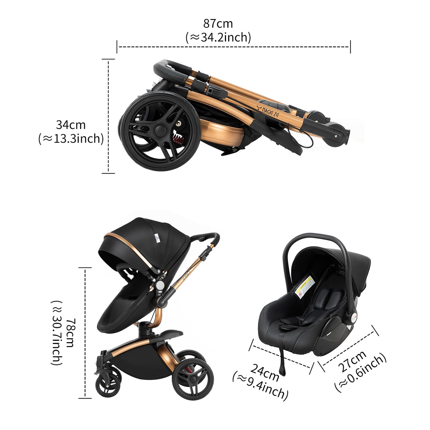 MoLi PU-Leder Kinderwagen 3 in 1, Kinderwagen mit 360° Drehbarem Cabrio-Sitz, Buggy mit Großer Bequemer Babywanne, Kombikinderwagen 3 in 1 Rahmen Aluminiumlegierung Faltbar Hohe Landschaft (906 Noir)