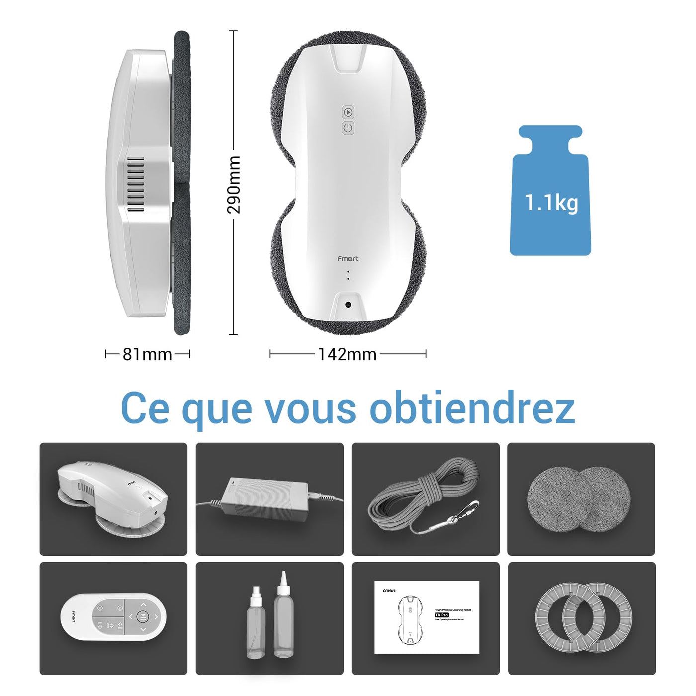 Fmart T8Pro Fensterputzroboter 3800PA, Fensterputzer Elektrisch mit Dreifachem Sicherheitssystem, Intelligenter Navigation,Fernbedienung, Automatischer Fensterroboter für Glatten Oberflächen