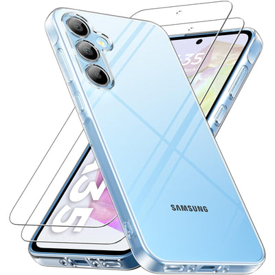 caslord Hülle für Samsung Galaxy A35 5G, 1 Handyhülle mit 2 Stück Hartglas, Weiche TPU Transparent Stoßfest Schutzhülle Durchsichtige Kratzfest Handyhülle Case Cover