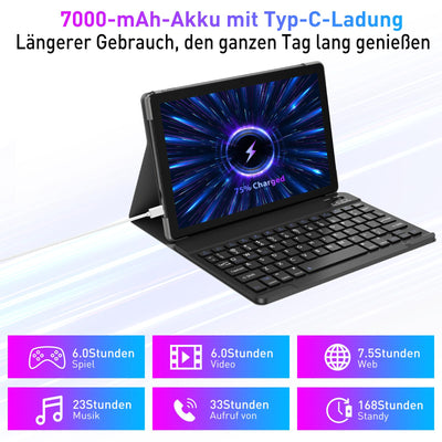 XGODY Tablet 10 Zoll Android 13 Tablet mit Tastatur 2,4G/5G WLAN 4-Core 2,0 GHz | 12 GB RAM + 128 GB ROM (TF 1 TB) | FHD | 5+13 MP Kamera | 7000 mAh | Bluetooth 5.0, Tablet PC – Grau