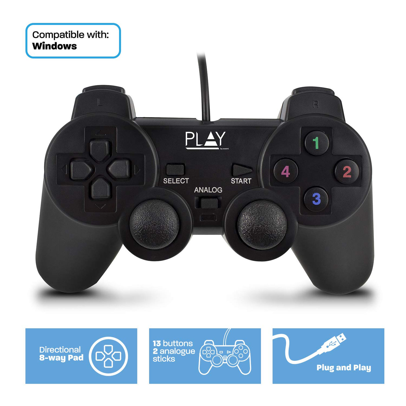 ewent PLAY WIRED USB GAMEPAD, Black