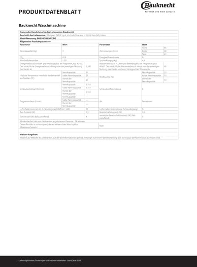 Bauknecht B6R 98 SILENCE DE Waschmaschine/ 9 kg/ 1400 U/min/A-20% spart bis zu 20% Energie/Besonders leise Waschmaschine/Steam 3.0-3 Kraftvolle Dampftechnologien/Energie + Zeitoptimierte Programme