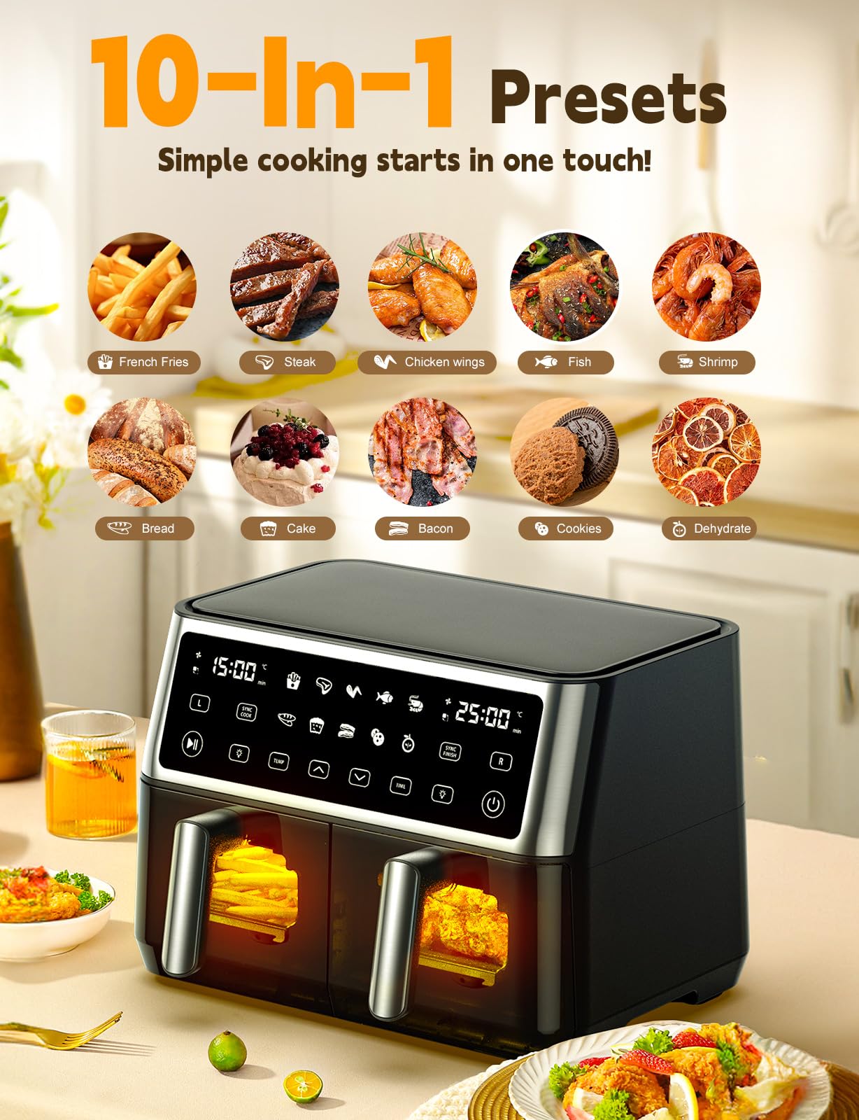 Heißluftfritteuse 2 Kammern mit Sichtfenster,10L Dual Zone XXL Airfryer,10-in-1 Voreingestellten Programmen, Touchscreen, Intelligente Synchronisierung und Timer, Energiesparend, Friteuse ohne Öl