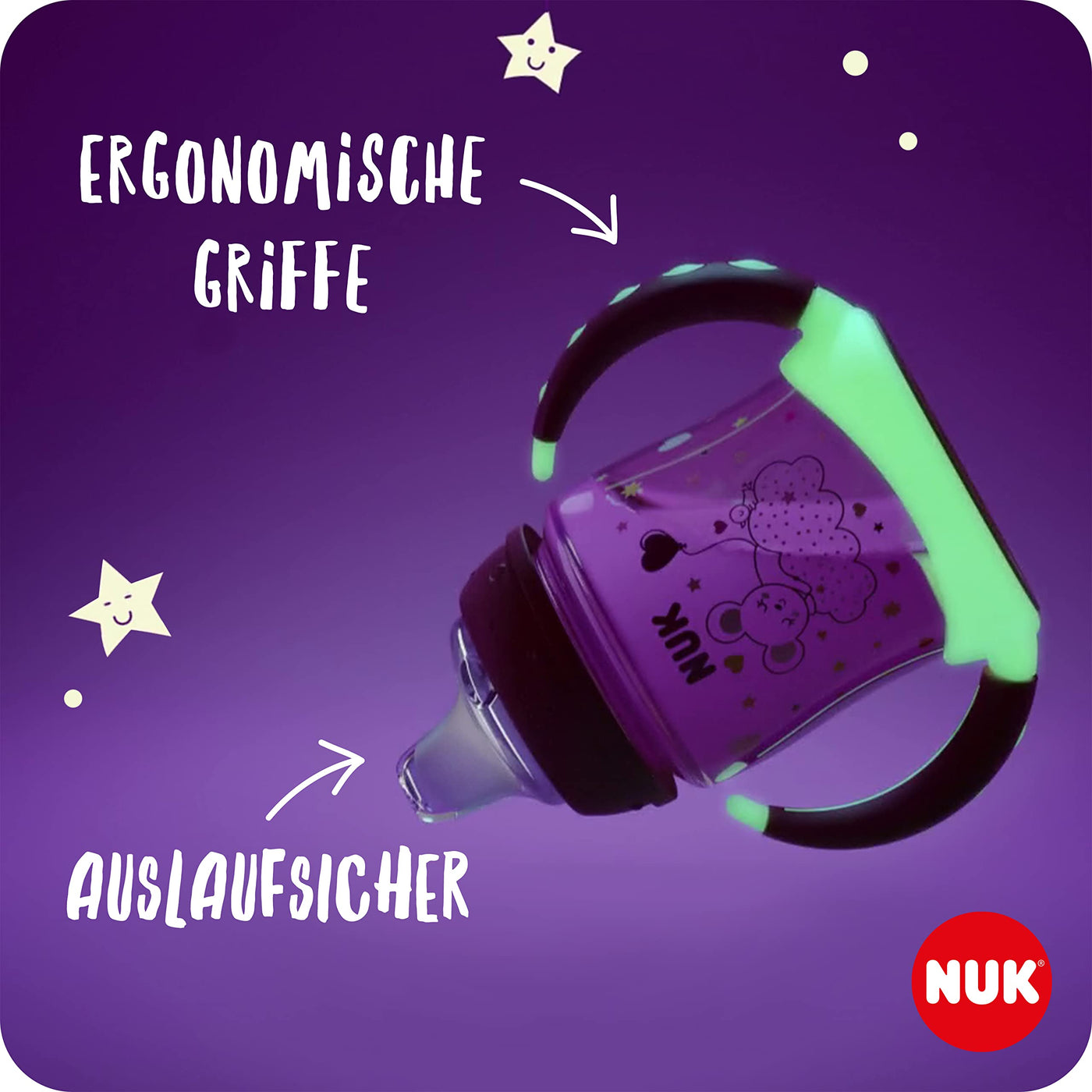 NUK First Choice Trinklernbecher Night | 150ml | Leuchtet zum einfachen Finden im Dunkeln | Mit Haltegriffen & weichem Trinkschnabel | Auslaufsicher | 6−18 M | Anti-Colic | BPA-frei | Koala (türkis)