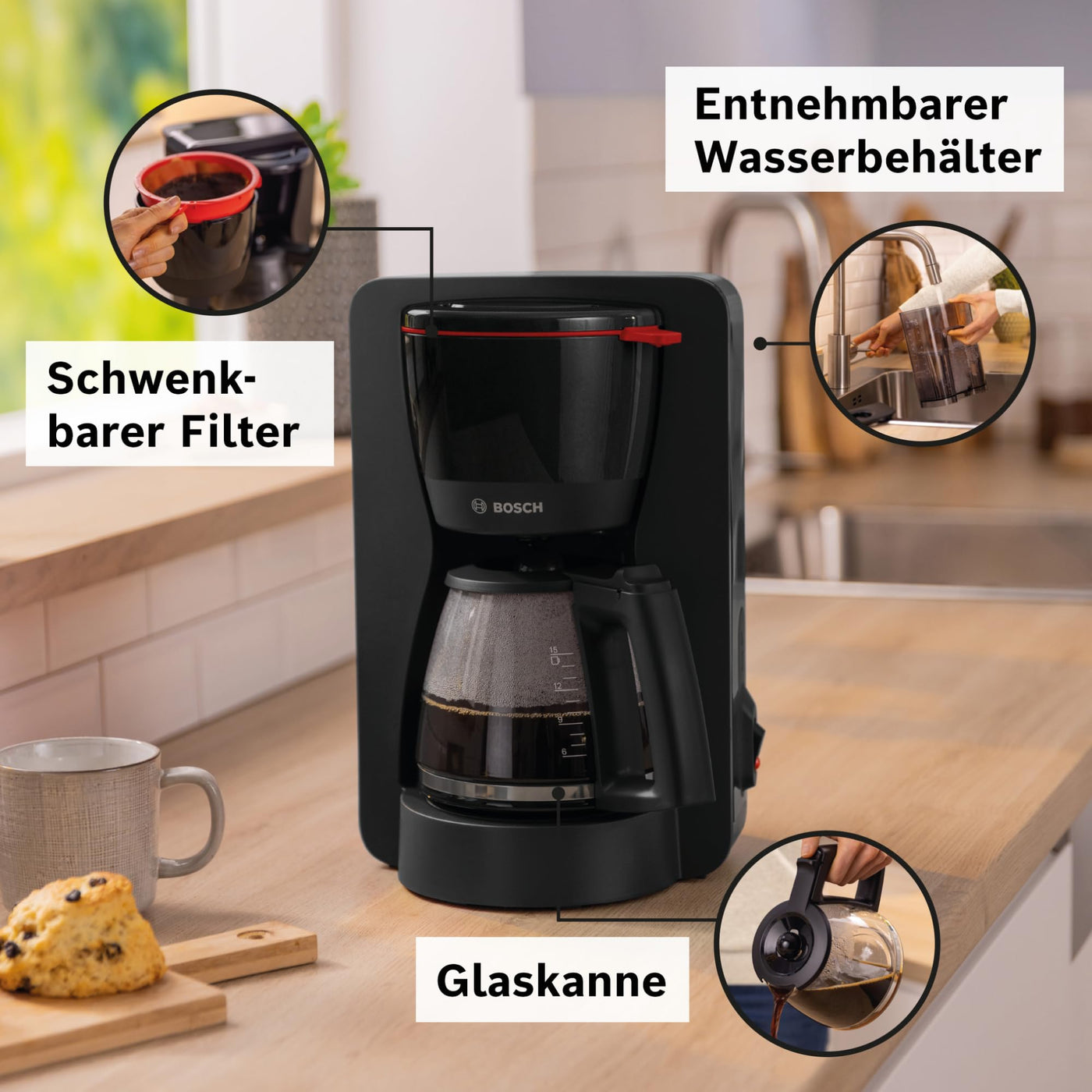 Bosch Filterkaffeemaschine MyMoment TKA2M113, Glaskanne 1,25 L, für 10-15 Tassen, 40min Warmhaltefunktion, Tropfstopp, schwenkbarer Filterträger, abnehmbarer Wassertank, 1200 Watt, Schwarz matt