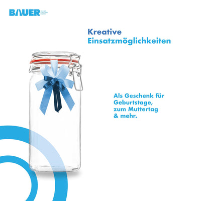 BAUER Flaschenbauer - 12 -teiliges Set Drahtbügel-Vorratsgläser 1550ml, geeignet als Einmach- und Fermentierglas, zur Aufbewahrung, zum Befüllen, Drahtbügelgläser Inklusive Etiketten - Made in Germany