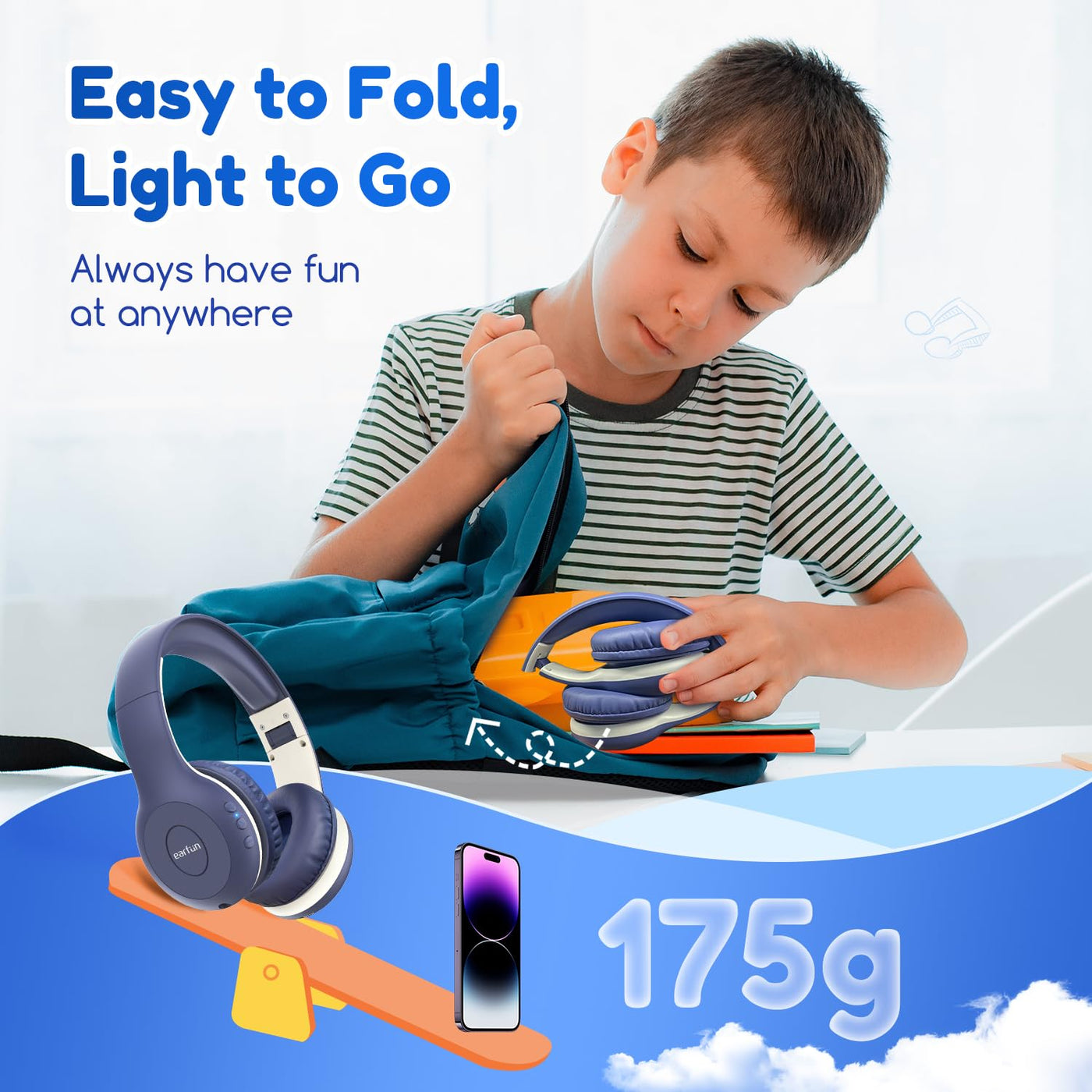 EarFun Bluetooth Kopfhörer Kinder, 85/94dB Lautstärkeregelung, HiFi Sound, HD-Mikrofon, 40 Std Akku, Faltbare, Einstellbar, Kopfhörer Kabellos Bluetooth Kinder für Schule/Reise, Blau