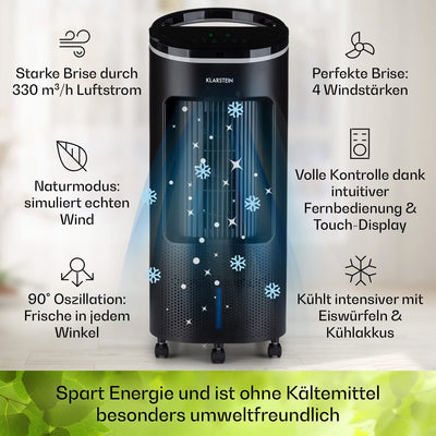 Klarstein Luftkühler mit Wasserkühlung, Leiser 4-in-1 Verdunstungskühler, Luftbefeuchter, Ventilator & Nachtmodus, Mobile Klimageräte Luftkühler 7L, 65W Air Cooler, 330m³/h Kühlender Luftstrom