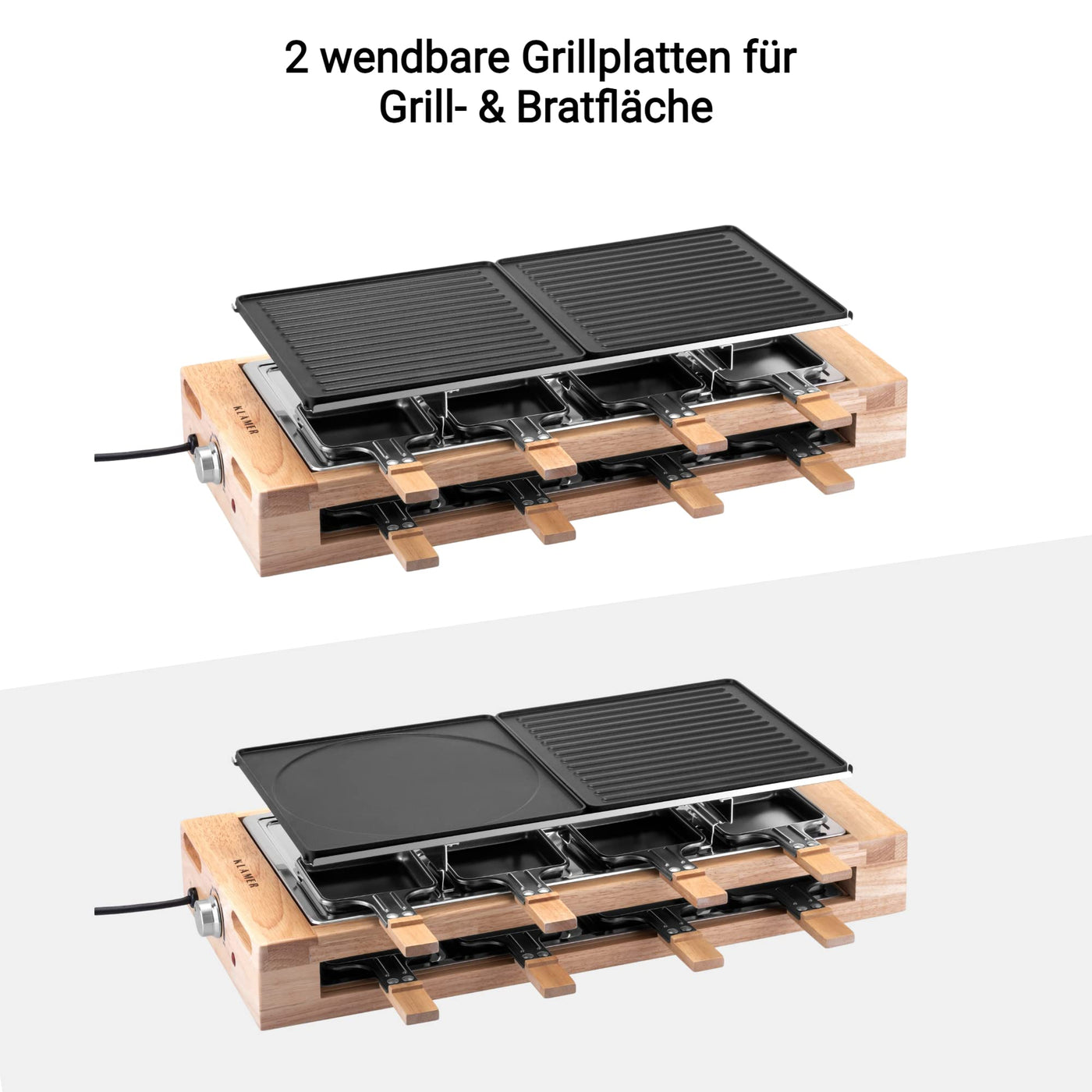 KLAMER Raclette 8 Personen, 1500W Raclette Grill mit Holzgestell, Raclette mit antihaftbeschichteter Grillplatte, Tischgrill elektrisch