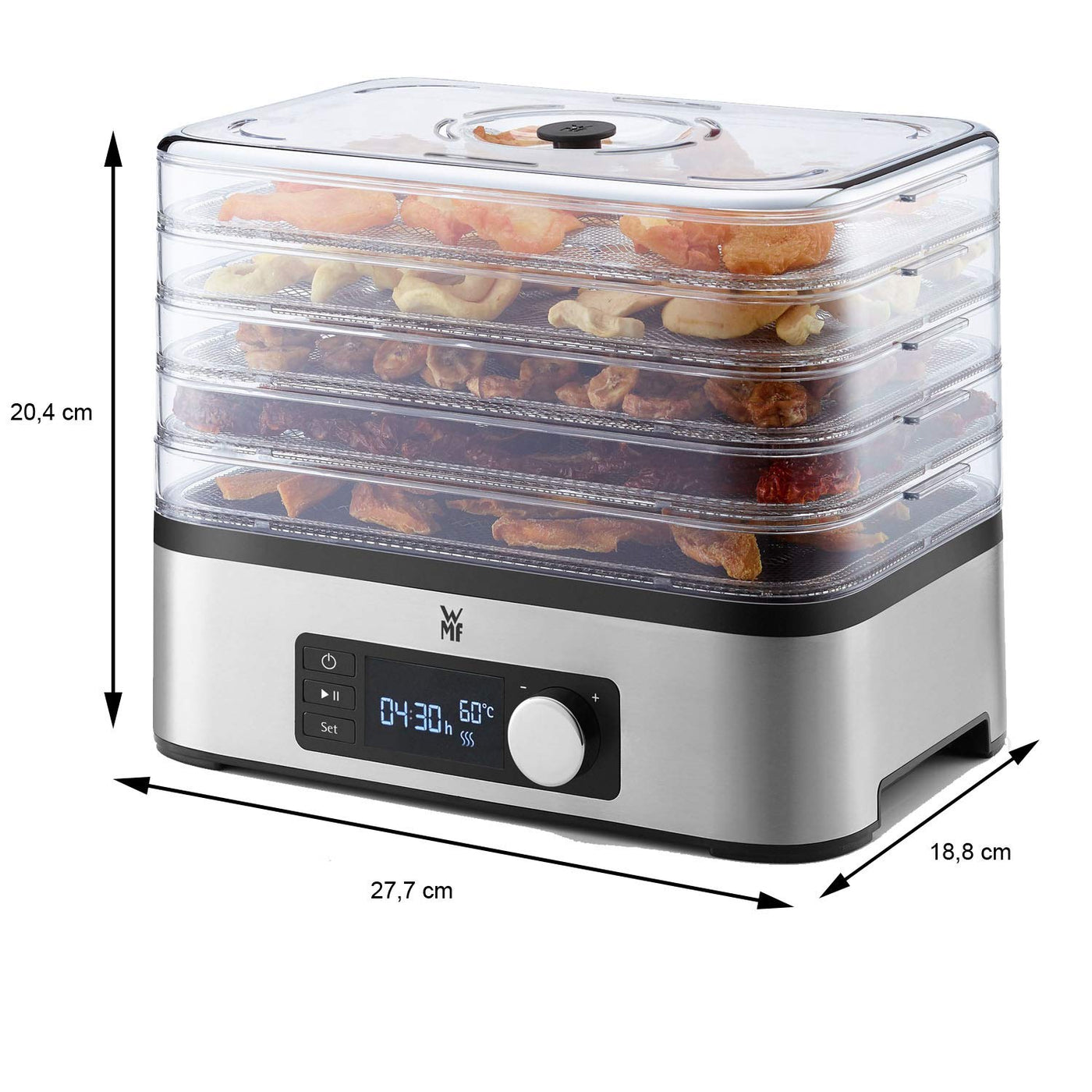 WMF Küchenminis Dörrautomat Edelstahl, Dörrgerät mit 5 Einlegefächer, 30-70°C, 24h-Timer, Obsttrockner, Dehydrator, 2 Boxen, Müsliriegelform, bpa-frei