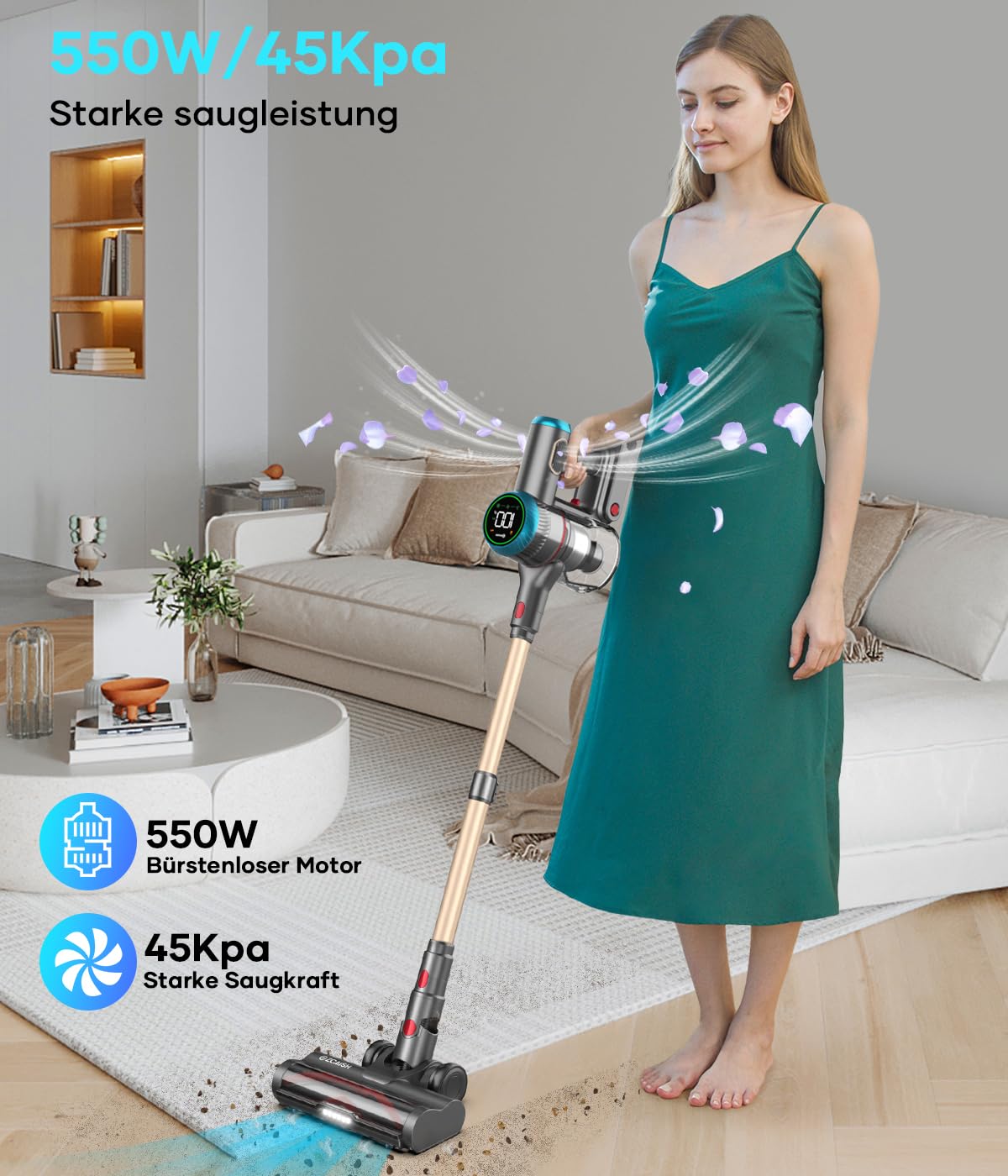 Aspirateur sans fil ZCAISH, 45000Pa/550W/60 minutes Aspirateur sans fil avec écran intelligent, aspirateur avec chargement mural et brosse anti-enchevêtrement pour tapis, sols durs et poils d'animaux (mise à niveau)