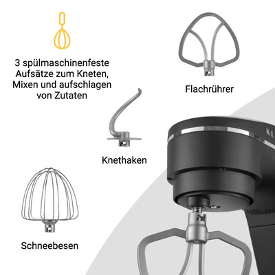 KLAMER Küchenmaschine 1800W, Knetmaschine mit 6 Liter Edelstahl Schüssel, 10 Geschwindigkeitsstufen mit Timer, Rührbesen, Knethaken, Schneebesen und Spritzschutz