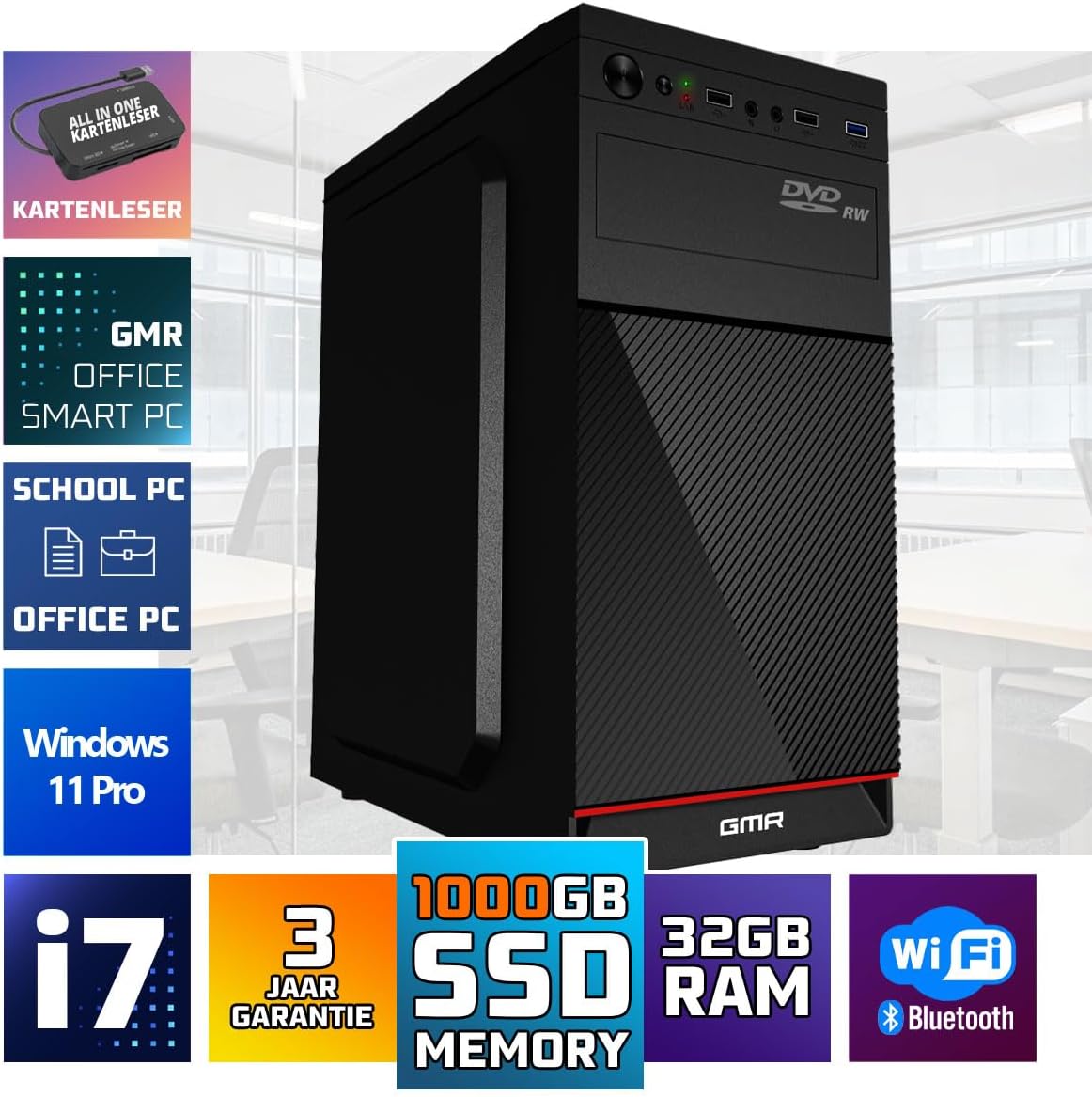 GMR Ultra i7 Business Office PC - Schneller Rechner | 3 Jahre Garantie | 32 GB RAM | 1000GB SSD | DVD±RW | USB 3 | Windows 11 Prof | WiFi-Bluetooth