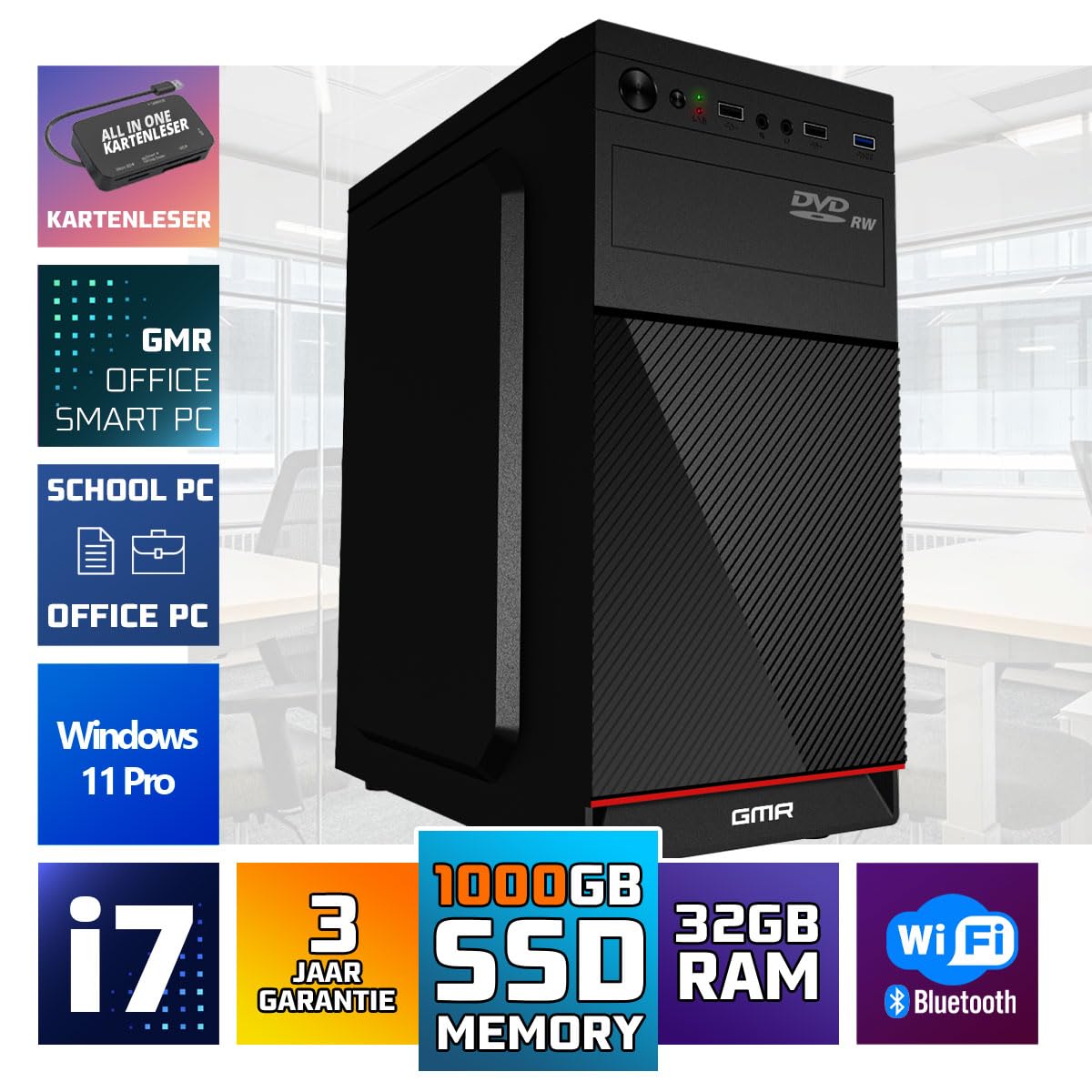 GMR Ultra i7 Business Office PC - Schneller Rechner | 3 Jahre Garantie | 32 GB RAM | 1000GB SSD | DVD±RW | USB 3 | Windows 11 Prof | WiFi-Bluetooth