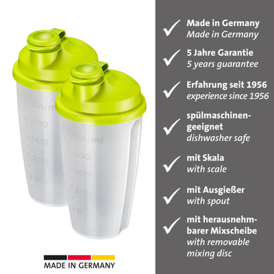 Westmark Dressingshaker "Mixery", 2Stk. – Große Shaker mit herausnehmbarer Mixscheibe und Messskala zum Zubereiten von Dressings und Shakes – Apfelgrün, 0,5 l