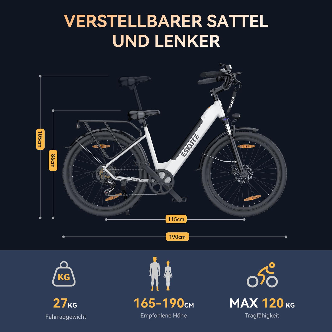 ESKUTE City E-Bike Polluno Plus, Elektrofahrrad 28 Zoll Trekkingrad E-Cityrad mit 36V, 20Ah Lithium-Akku bis zu 120KM Lange Range, Drehmomentsensor, 250W Motor, EU-konformes E Bike, Weiß