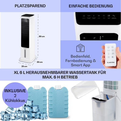 Klarstein Luftkühler mit Wasserkühlung, 4-in-1 Verdunstungskühler, Luftreiniger, Luftbefeuchter & Ventilator, Mobile Klimageräte Luftkühler 6L, 60W Air Cooler mit App-Control, 450m³/h Luftstrom