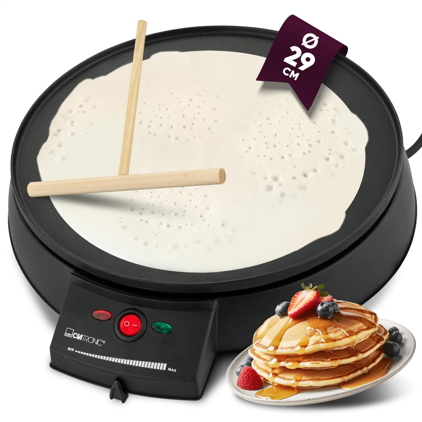 Clatronic Crepes Maker für Crepes mit Ø 29 cm | Crepe Maker inkl. Teigverteiler | antihaftbeschichter Oberfläche | Stufenlos regelbarer Thermostat u. Backampel | Pfannkuchen Maker mit 900 W | CM 3372