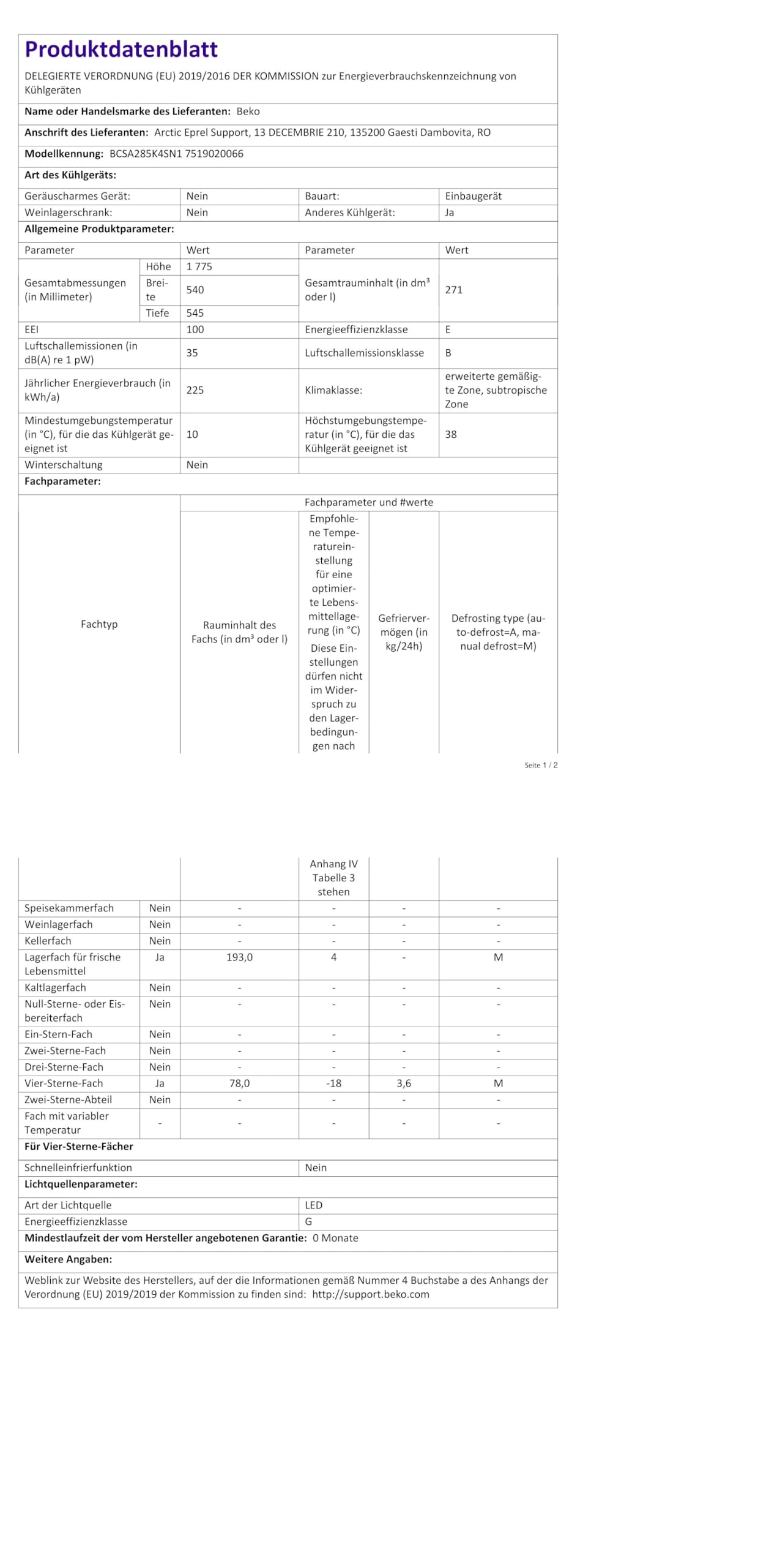 Beko BCSA285K4SN b100 integrierbare Kühl-/Gefrierkombination, 271 l Gesamtrauminhalt, Einbau-Kombination, MinFrost, Schlepptürtechnik, 35 dB, Weiß