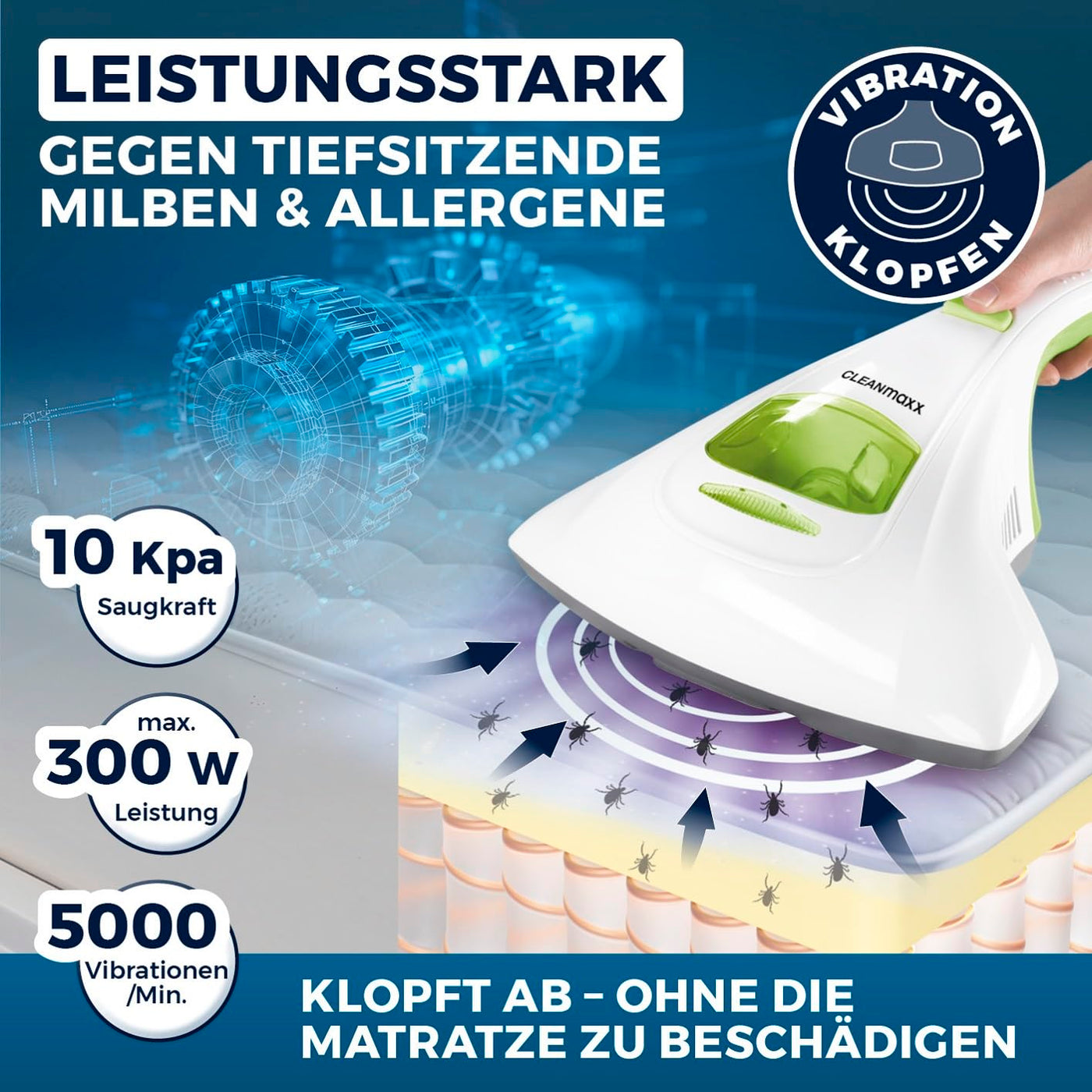 CLEANmaxx Milben Hand-Staubsauger vernichtet bis zu 99 Prozent Aller Milben | Effektive, chemiefreie Reinigung mit UV-C-Licht | Perfekt auch für Allergiker zum Absaugen & Desinfizieren von Matratzen