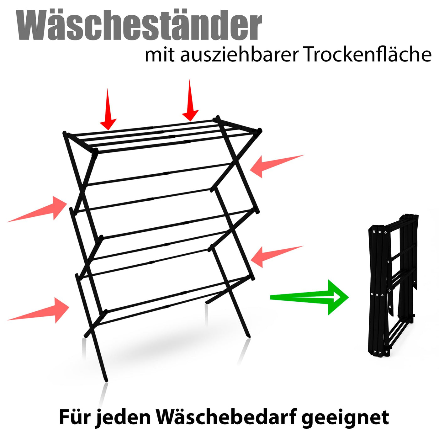 BigDean Wäscheständer platzsparend Schwarz – Wäscheturm mit Teleskopfunktion & 6 Ebenen - 5 bis 10m Trockenlänge