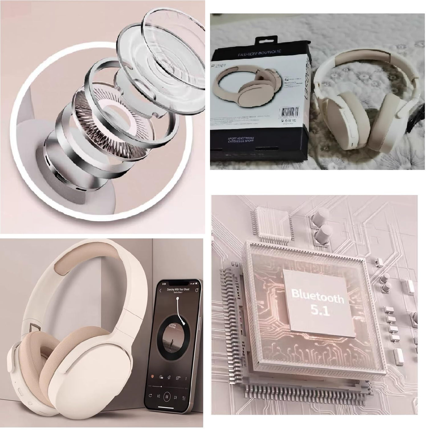 HiFi-Bluetooth-Kopfhörer, faltbar, intelligente Rauschunterdrückung, verstellbar, kabelloses Headset mit Mikrofon, Bluetooth-kompatibel, 5.1-Stereo-Over-Ear-Kopfhörer für Sport, Reisen (Beige)