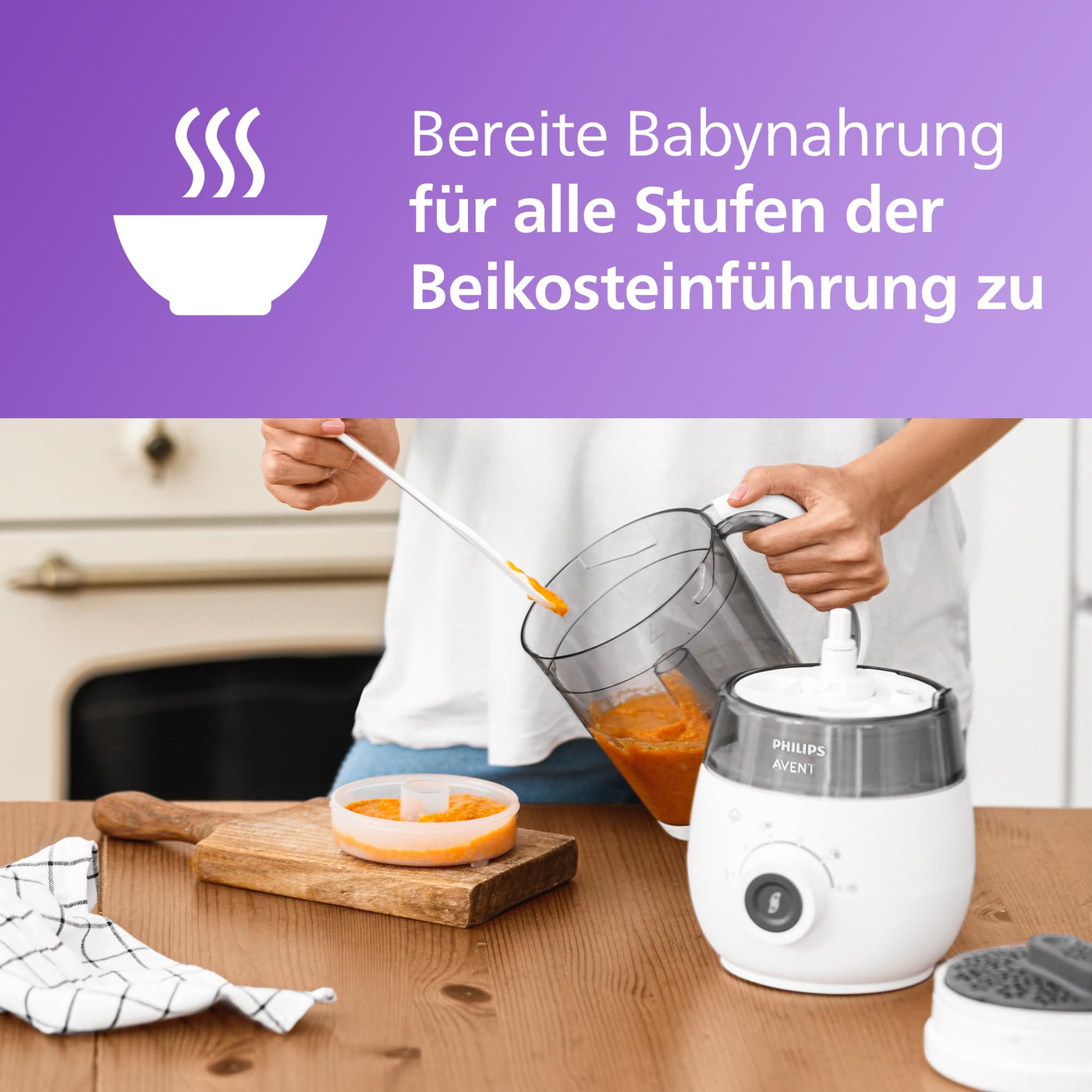 Philips Avent 4-in-1 Dampfgarer mit Mixer Premium, Babynahrungszubereiter, Dampfgaren, Pürieren, Auftauen, Aufwärmen, spülmaschinenfest, Modell SCF883/01