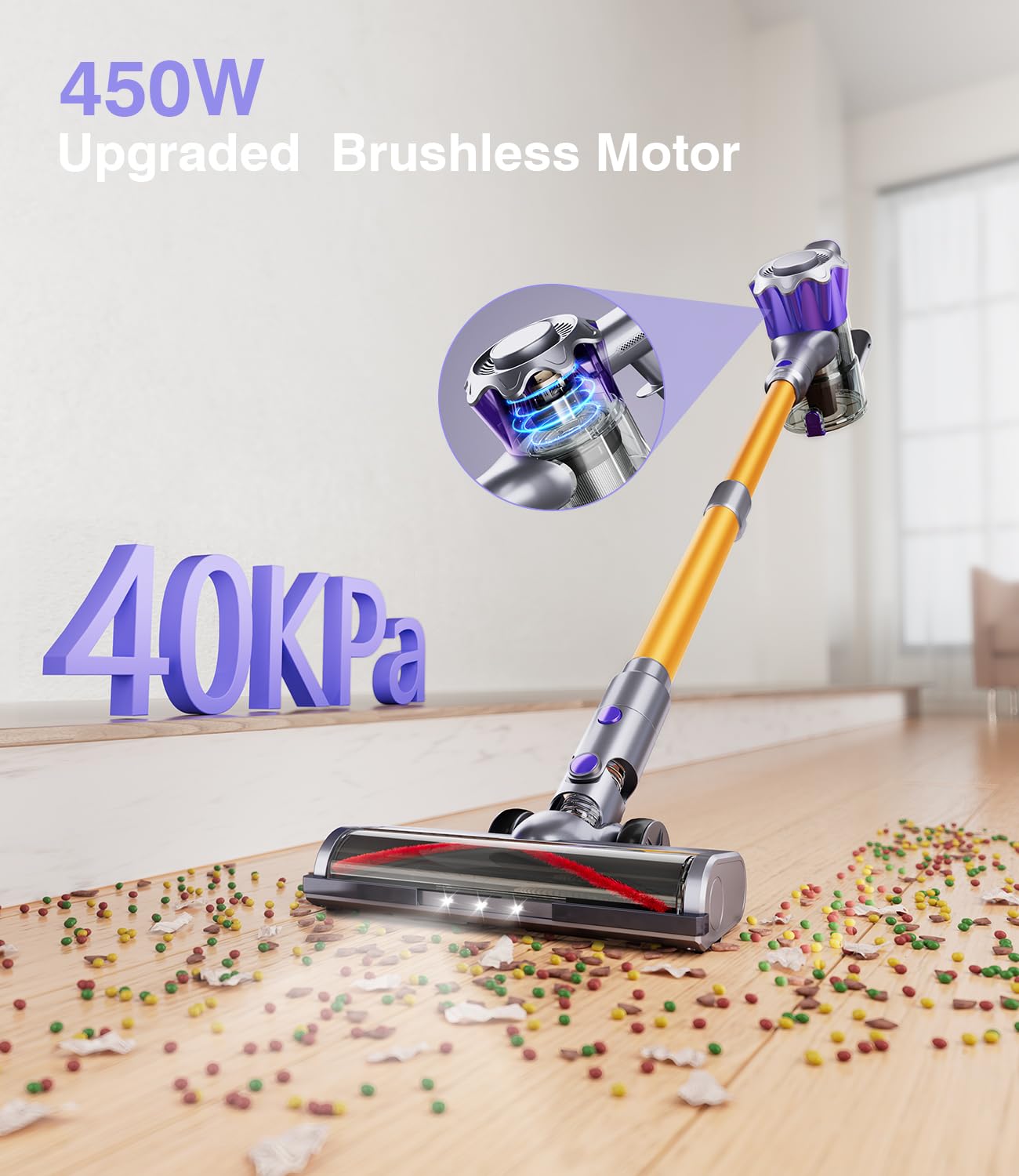 Akku Staubsauger, 40000Pa/450W Staubsauger Kabellos mit Smart Display Bis zu 50 Minuten Laufzeit Cordless Vacuum Cleaner mit Automatikmodus&Anti-Verhedderung-Bürste für Teppich Hartboden und Tierhaare