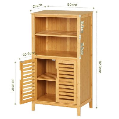 VIAGDO Badezimmerschrank Bambus, Badschrank mit 2 offenen Fächern und 2 Lamellentüren, Küchenschrank, multifunktional Schrank für Badezimmer, Wohnzimmer, Küche, Flur, 50 x 92,3 x 29 cm (B x H x T)