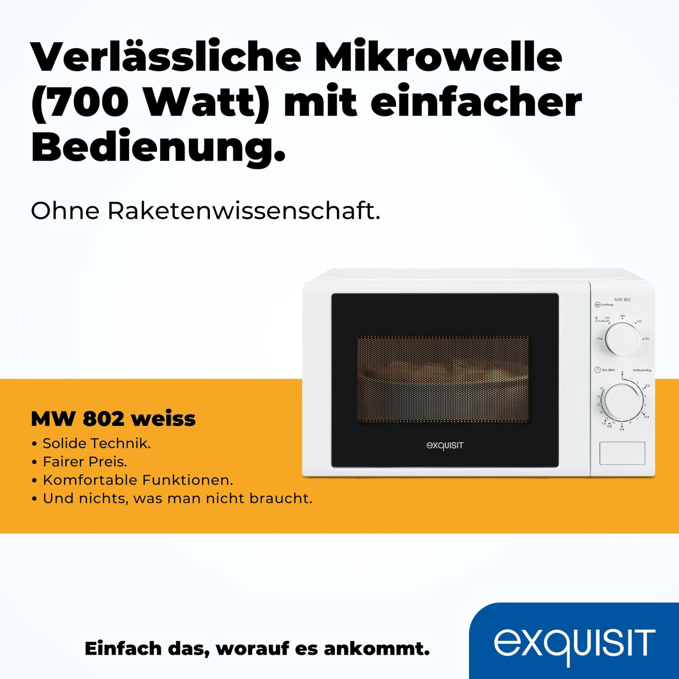 Exquisit Mikrowelle MW 802 | 700 W Leistung | 20 L Garraum | Microwellengerät platzsparend | Lackierter Innenraum | Timer | weiss