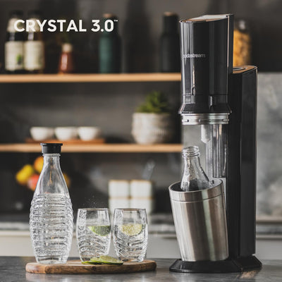 SodaStream Wassersprudler Crystal 3.0 Quick-Connect CO2-Zylinder und 1x Glaskaraffen, Silber, Schwarz/Titan, 45 cm