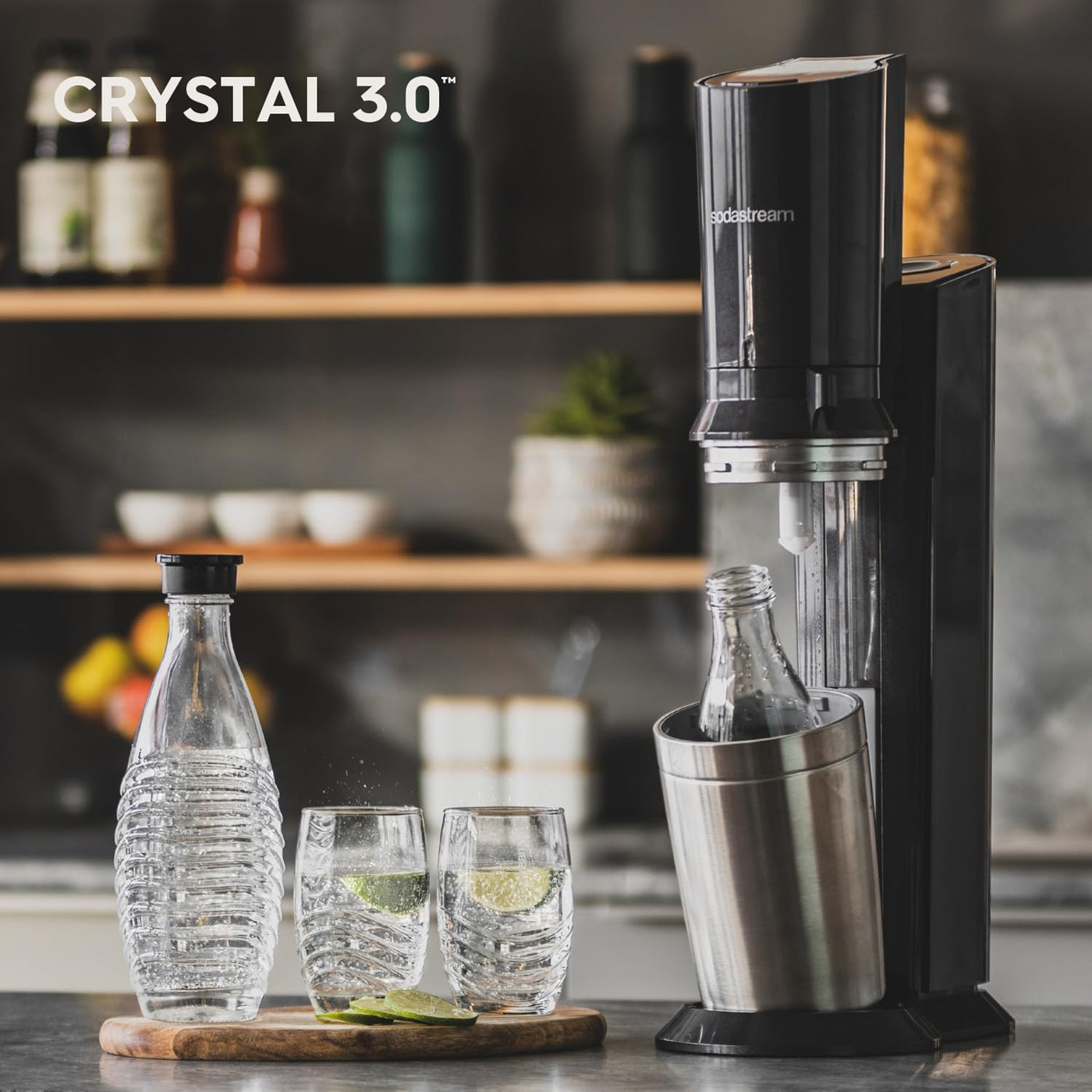 SodaStream Crystal 3.0 Wassersprudler mit 1x Quick-Connect CO2-Zylinder und 2X Glaskaraffen, Silber, Schwarz, Titan, 45 cm