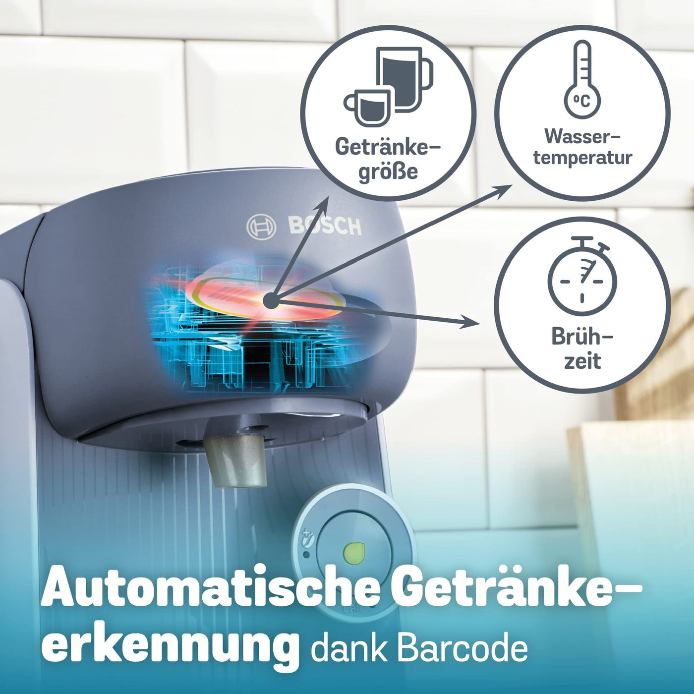 Bosch Tassimo Finesse Kapselmaschine TAS16B7 Kaffeemaschine by, 70 Getränke, intensiverer Kaffee auf Kopfdruck, Abschaltautomatik, perfekt dosiert, platzsparend, 1400 W, lupinenblau